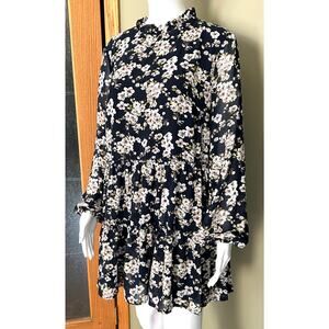 Showpo LS Mini Dress Floral Ruffly Tiered Navy Blue White Size 12